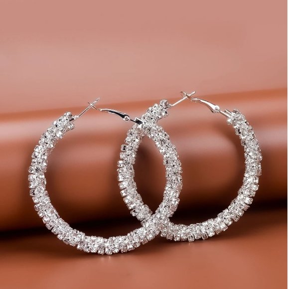 Rhinestone Decor Hoop Earrings Silver Jewelry New - Picture 2 of 2